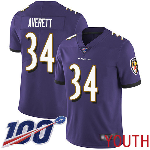Baltimore Ravens Limited Purple Youth Anthony Averett Home Jersey NFL Football #34 100th Season Vapor Untouchable->youth nfl jersey->Youth Jersey